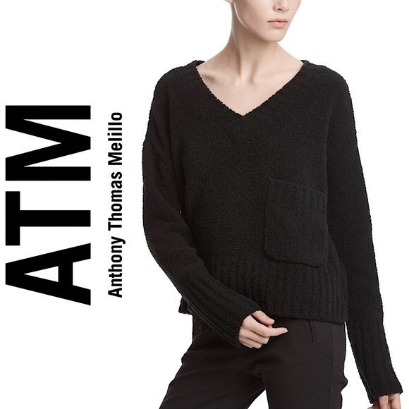 ATM Anthony Thomas Melillo Chenille V-Neck Sweater Black L Boxy Cropped Slouchy - Picture 1 of 10